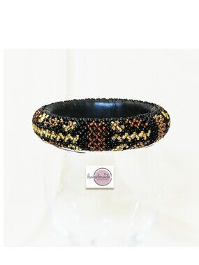 Handmade Bangle (br8) Women Gold Black Bead Leather Bracelet 7.5"